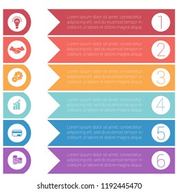 Template infographics from colorful hrizontal arrows for 6 positions.