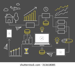 Template infographics contour elements for presentation with smartphone, tablet pc and laptop isolated on gray background