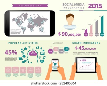 Template infographics elements for social media presentation with tablet pc and smartphone. Text outlined. Free font Russo One and Open Sans