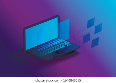 Vorlage für Infografiken auf Laptop-Bildschirm. Finanzanalytische und Business-Infografiken auf Laptop-Bildschirm. Finanzdiagramme, Analysedaten sowie Investitions- und Handelskarten. 3D isometrisch 