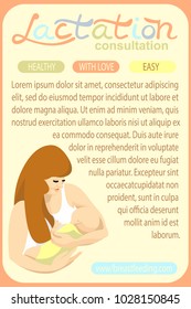 Template informative stand breastfeeding. Doodle with place for text.Beautiful headline "LACTATION consultation".There are image of baby and mother.  Flat design.