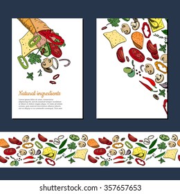 Plantilla con ingredientes para el envoltorio doner kebab. Pincel de patrón horizontal sin inconvenientes con verduras. Para su diseño, anuncios, tarjetas, carteles, restaurante y menú de café.