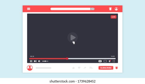 Template interface video player. Color layout of the video player with interface elements on it. User interface. Blogging. Streaming. Web design. Vector illustration