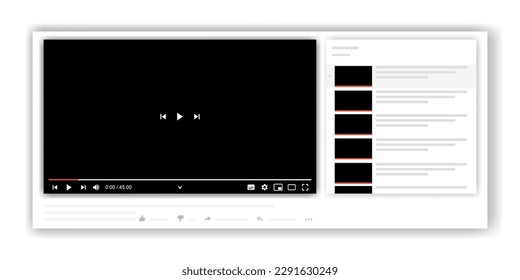 Video-Player für die Vorlagenschnittstelle. Konzept der sozialen Medien. Blauer Bildschirm Videospielerschnittstelle. Sie verwenden einen Desktop-Desktop-Web-Player, eine moderne Social-Media-Schnittstelle.