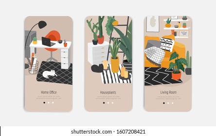 Template for interior design. Mobile App Page Onboard Screen Set. Hand drawn scandinavian cozy style bathroom, home office and living room. Nordic style interiors with homeplants