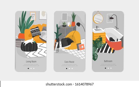 Template for interior design. Mobile App Page Onboard Screen Set. Hand drawn scandinavian cozy style bathroom, home office and living room. Nordic style interiors with homeplants