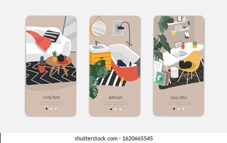 Template for interior design. Mobile App Page Onboard Screen Set. Hand drawn scandinavian cozy style bathroom, home office and living room. Nordic style interiors with homeplants