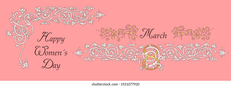 Template for international women's day in the style of the Italian Renaissance on a pink background. White vine. Vector Design. 