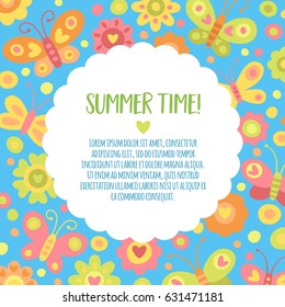 Template for invitation, banner or postcard with bright butterflies and flowers.