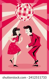 Template for invitation, banner, poster. Loving couple dancing at a party. Retro-style. Minimalism. Vector illustration