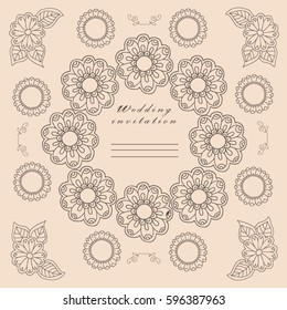 Template for invitation. Beautiful hand drawn floral ornaments, vignettes in sketch style.