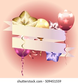 Template for invitation, birthday card. postcard with pink ribbon and balloons