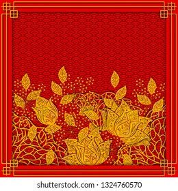 Template for invitation card, background, banner, greeting card, banner, wallpaper with golden beautiful lotus flower pattern on red background color. 3D vector illustration. Paper cut out style.