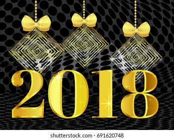 A template for an invitation card, a banner, discount cards, buttons for a site. 2018 On the golden background of gold letters and abstract square new-year balls with gold bows.