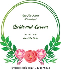 Template of invitation card bride and groom, with modern design rose wreath frame and green leaves. Vector