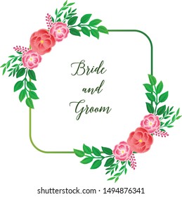 Template of invitation card bride and groom, with modern design rose wreath frame and green leaves. Vector