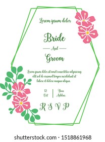 Template for invitation card bride and groom, with decorative pattern of pink flower frame. Vector