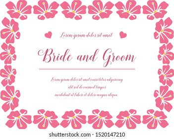 Template invitation card bride and groom, with vintage pink flower frame. Vector