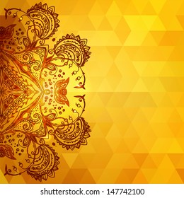 Template for invitation card gold background with triangles, shining particles and doodle ethnic ornaments