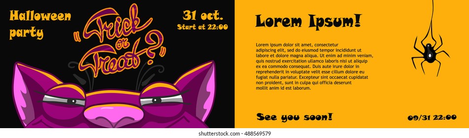 Template of an invitation card to a Halloween party with a tricky cat, front and back sides. Horizontal flyer design, vector illustration.