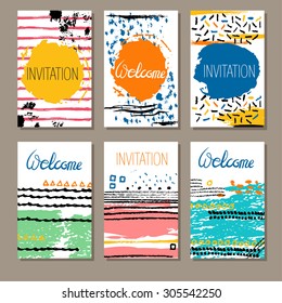 Template. Invitation. Card with ink grunge texture. Unusual creative poster. Trendy hand made patterns and colors.