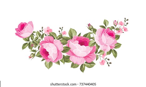 Template of invitation card. Rose garland for holiday card. Awesome flower garland with roses isolated on white. Vector illustration.