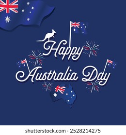 Template or invitation for the celebration of Australia Day, with decoration of waving flags, Happy Australia Day text and fireworks. Invitation to celebrate a Happy Australia Day.