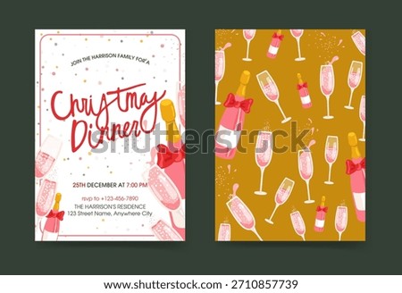 Template invitation to a Christmas dinner with a bottle of pink champagne and glasses and a pattern with a bottle of champagne and glasses on a yellow background