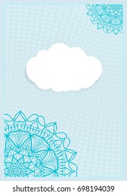 Template Invitation with a Cloud for Text, Background Lace Ornament. Vector illustration. Blue color. For Design Invitations, Postcards