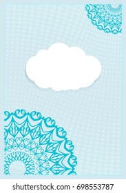 Template Invitation with a Cloud for Text, Background Lace Ornament. Vector illustration. Blue color. For Design Invitations, Postcards