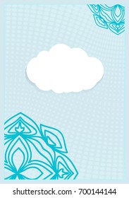 Template Invitation with a Cloud for Text, Background Lace Ornament. Vector illustration. Blue color. For Design Invitations, Postcards