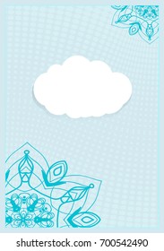 Template Invitation with a Cloud for Text, Background Lace Ornament. Vector illustration. Blue color. For Design Invitations, Postcards