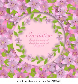 Template of an invitation colourful card with a background from flowers of lilies. Vector illustration.