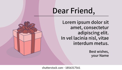 Template of invitation, congratulation with gift box on red background. Vector