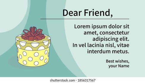 Plantilla de invitación, felicitación con caja de regalo sobre fondo verde. Vector