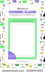Plantilla de clases de invitación a cocinar. Cartel, folleto, afiche con el horario de los cursos culinarios, precio, sitio web y espacio blanco en blanco. Volante publicitario con utensilios de cocina, patrón de herramientas de cocina