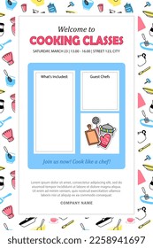 Template for invitation to cooking classes. Banner, poster with culinary courses schedule and blank space for info about guest chefs and what's included in masterclass. Advertising leaflet layout.