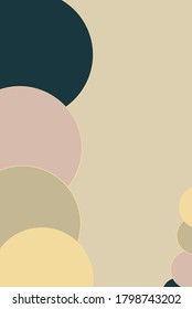 Plantilla para una invitación, con un diseño de círculos de color rosa, azul, verde, amarillo en tonos pastel con un contorno dorado sobre un fondo Nude.
