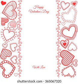 Template of invitation, flyer, postcard or greeting card for Happy Valentine's Day. Hand drawn doodle red hearts. Vector illustration