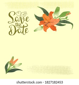 Template with an invitation frame. The slogan, phrase, and title "save the date" is hand-lettered in calligraphy. Vector illustration in retro style.
