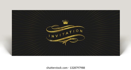 Template invitation with glitter gold flourishes elements and crown  - vector illustration