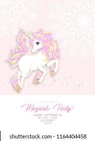 Template for invitation, greeting card banner with cute, kawaii unicorn with multi-colored mane, glitter, mandala pattern and place for text.