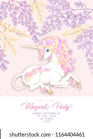 Template for invitation, greeting card banner with cute, kawaii unicorn with multi-colored mane, glitter, magic flowers and place for text.