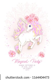 Template for invitation, greeting card banner with cute, kawaii unicorn with multi-colored mane, glitter, magic flowers and place for text.