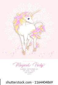 Template for invitation, greeting card banner with cute, kawaii unicorn with multi-colored mane, glitter, mandala pattern and place for text.
