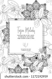 Template for invitation, greeting card, banner with place for text with feijoa flowers. Vector illustration. Outline hand drawing. Good for coloring page for the adult coloring book.