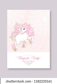 Template for invitation, greeting card banner with cute, kawaii unicorn with multi-colored mane, glitter, mandala pattern and place for text.