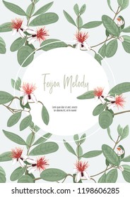 Template for invitation, greeting card, banner with place for text with feijoa flowers. Vector illustration. In soft green colors.
