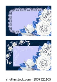 Template for invitation, greeting card, decorated with white flowers of roses and leaves.