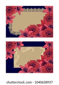 Template for invitation, greeting card, decorated with flowers of lilies and gerberas.